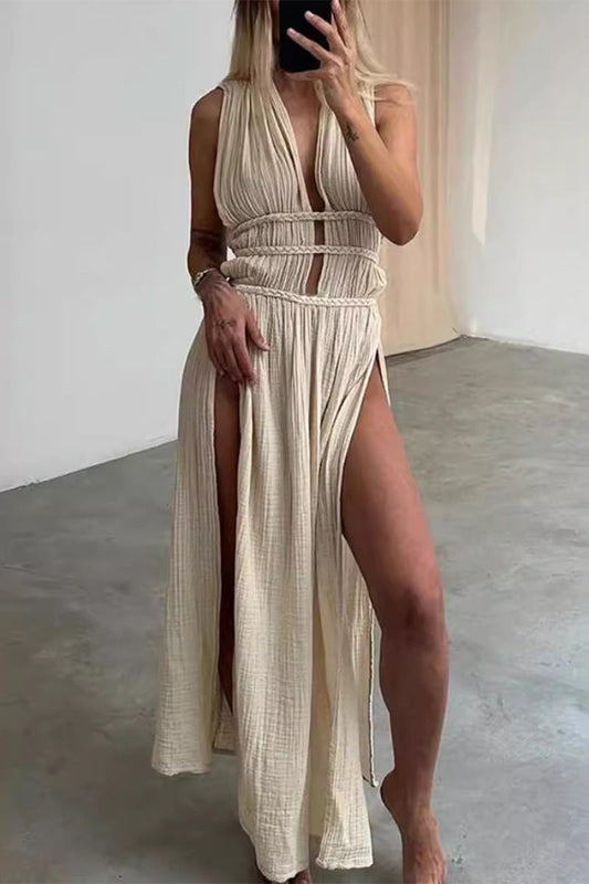 Sexy Bohemian Solid Slit V Neck Beach Dresses(3 Colors) Cream White One Size