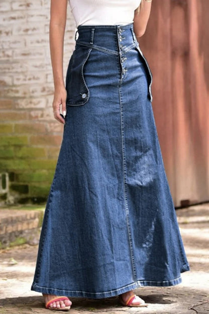 Casual Solid Patchwork Buckle High Waist Skinny Denim Skirts Blue