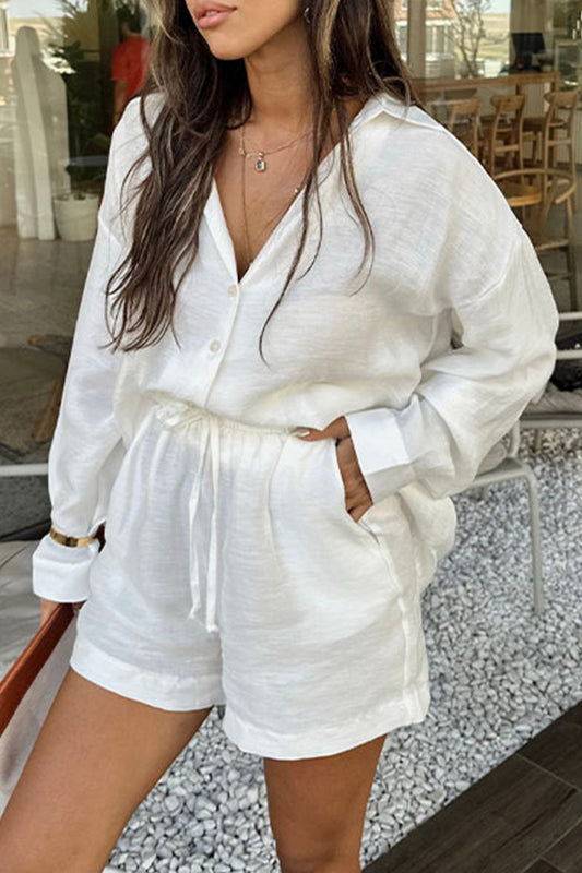 Casual Vacation Solid Draw String Pocket Turndown Collar Long Sleeve Two Pieces White