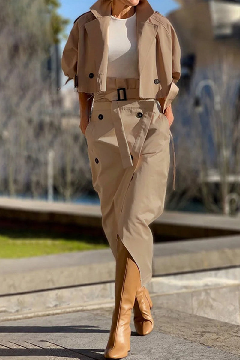 British Style Elegant Solid Pocket Buttons Turndown Collar Long Sleeve Two Pieces Khaki