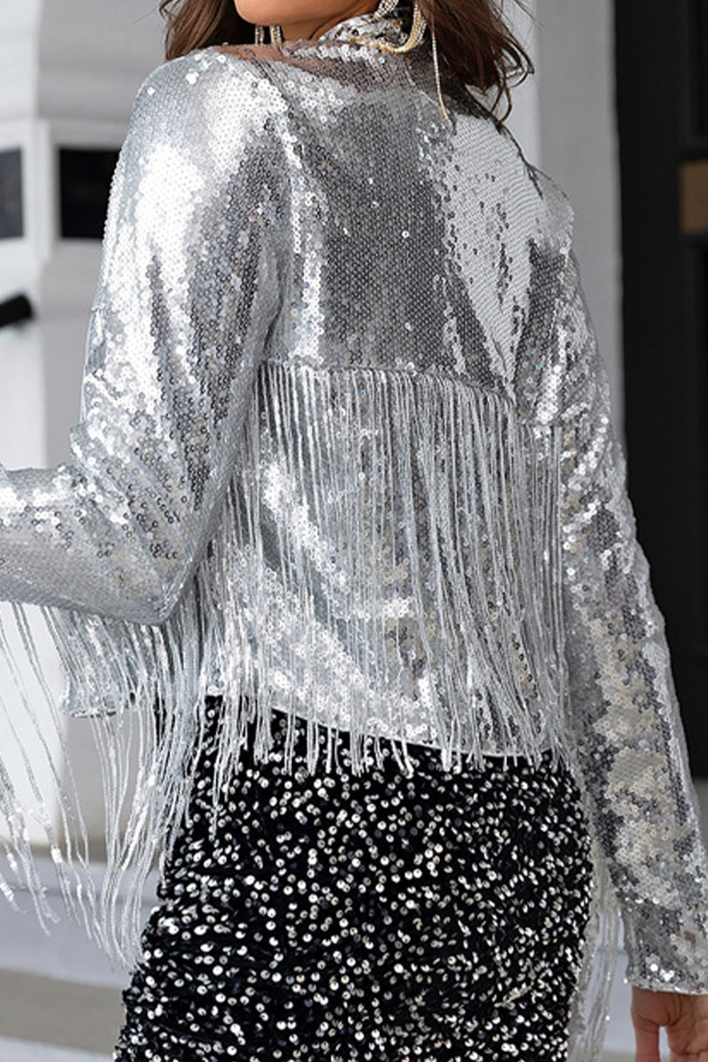 Casual Solid Tassel Sequined Mandarin Collar Outerwear