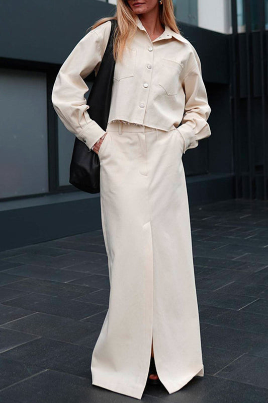 Casual Elegant Solid Pocket Turndown Collar Long Sleeve Two Pieces Cream White