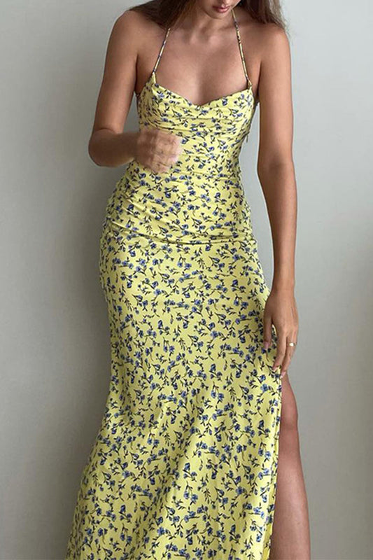 Sexy Floral Backless Slit Strap Design Halter Beach Dresses Yellow