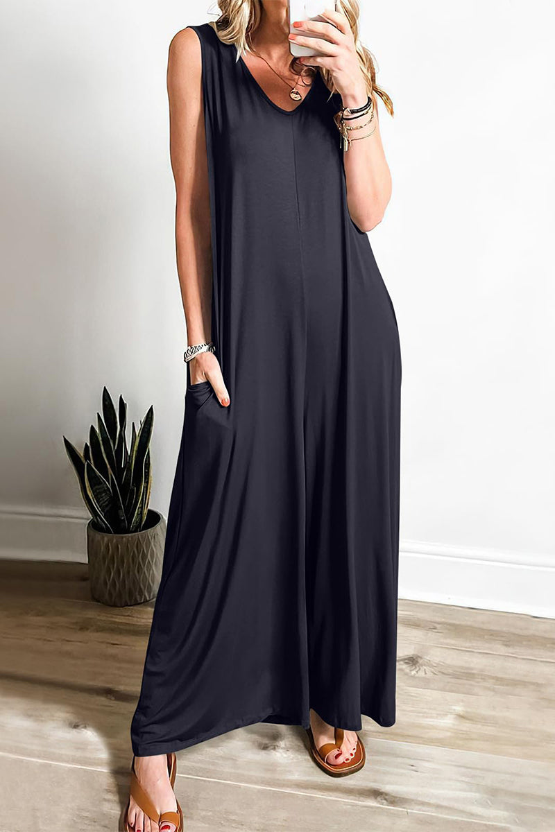 Casual Simplicity Solid Pocket V Neck Loose Jumpsuits Black