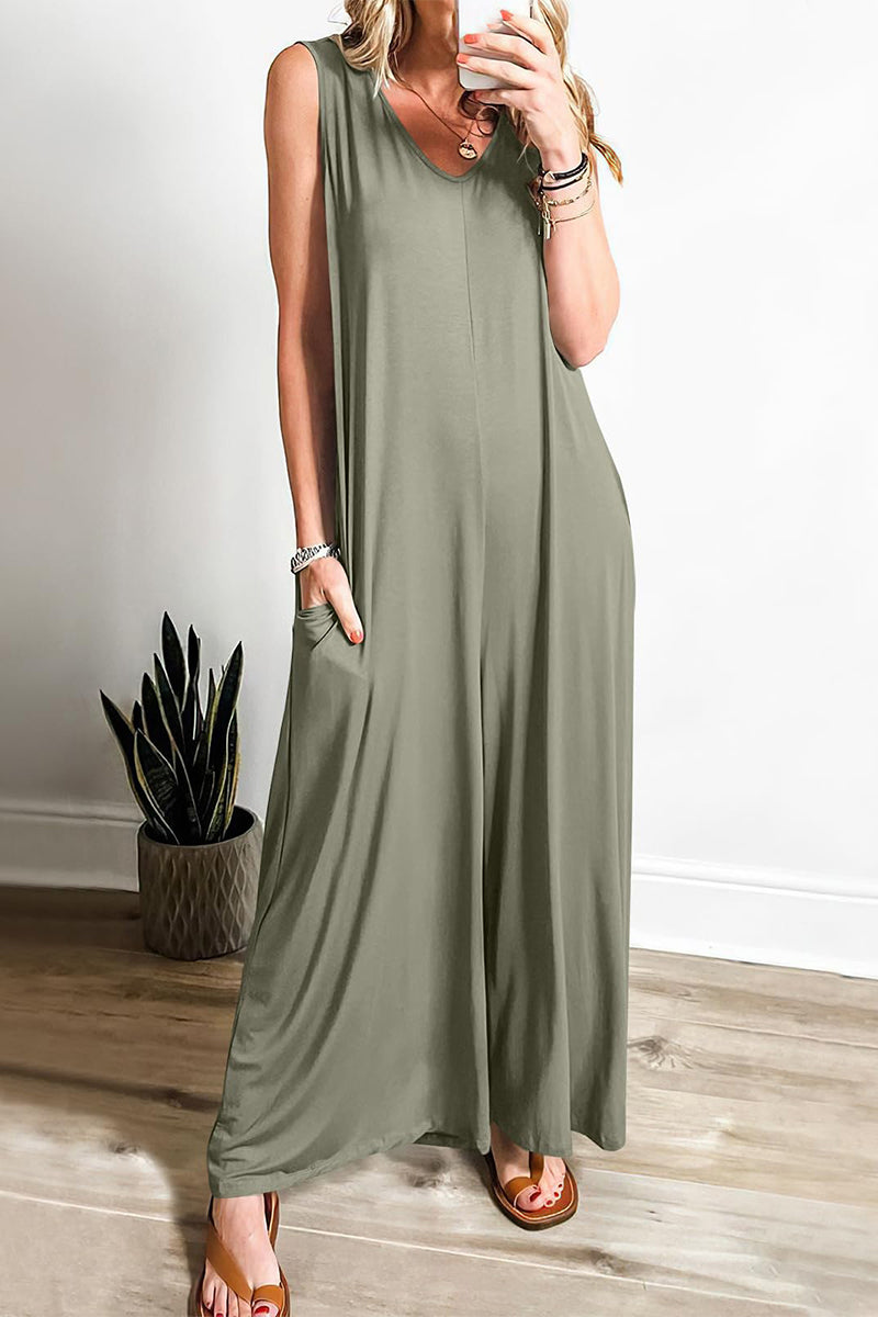 Casual Simplicity Solid Pocket V Neck Loose Jumpsuits Light Green