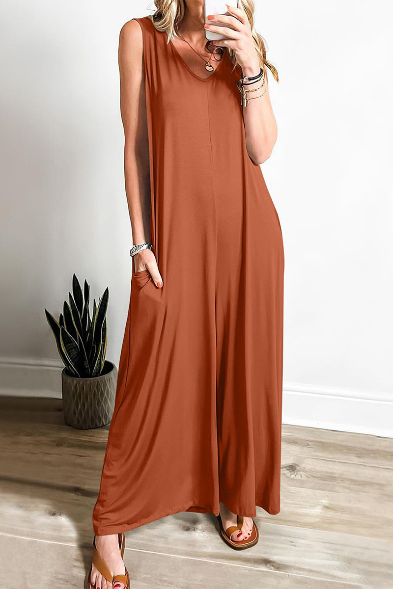 Casual Simplicity Solid Pocket V Neck Loose Jumpsuits Brown