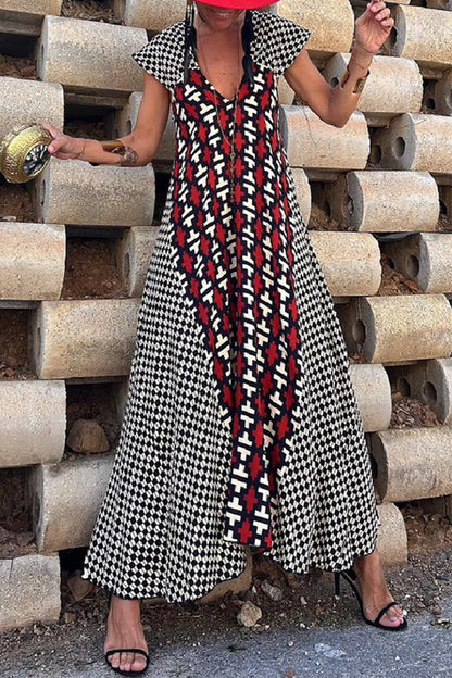 Casual Vintage Geometric Print Ripple Backless Asymmetrical V Neck Printed Dresses Black Red