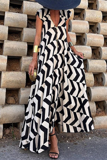 Casual Vintage Geometric Print Ripple Backless Asymmetrical V Neck Printed Dresses Black White