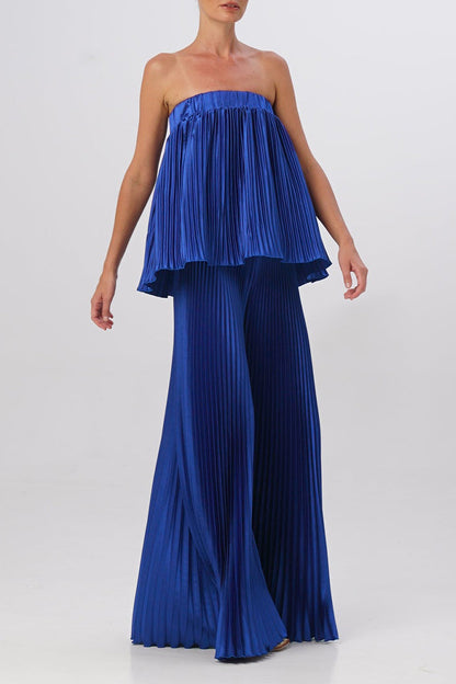 Elegant Solid Pleated Strapless Sleeveless Two Pieces Royal Blue