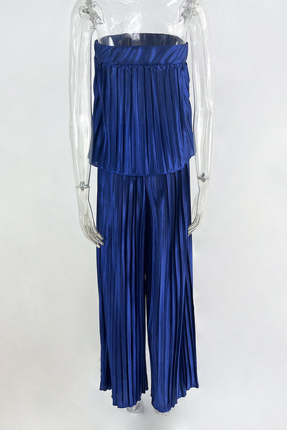 Elegant Solid Pleated Strapless Sleeveless Two Pieces