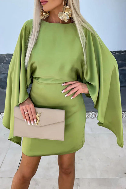 Elegant Solid Patchwork O Neck Wrapped Skirt Dresses Green