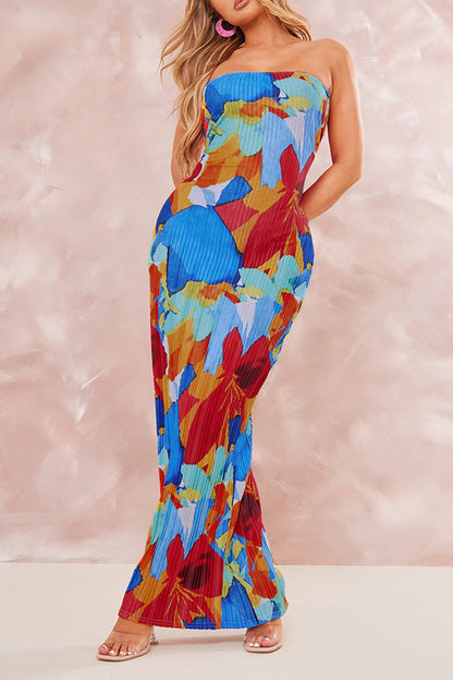 Sexy Print Patchwork Fold Strapless Pencil Skirt Dresses Blue Red