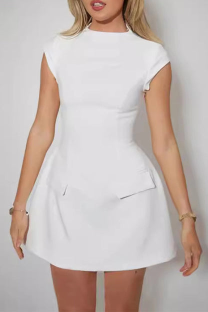 Celebrities Elegant Solid Patchwork Half A Turtleneck Waist Skirt Dresses White