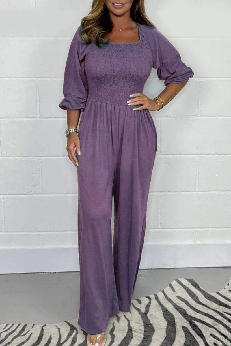 Casual Solid Fold Square Collar Loose Jumpsuits Purple