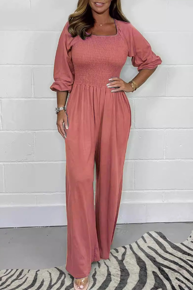 Casual Solid Fold Square Collar Loose Jumpsuits Pink