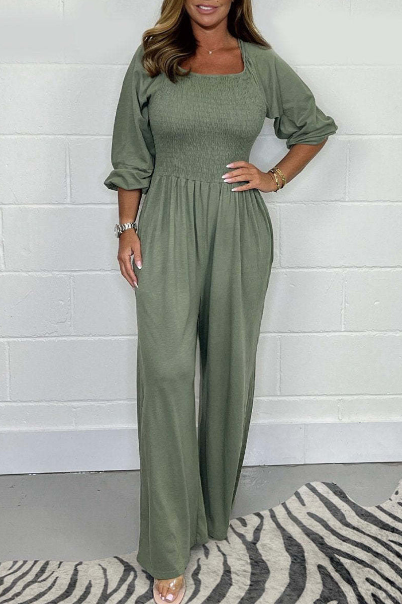 Casual Solid Fold Square Collar Loose Jumpsuits Army Green