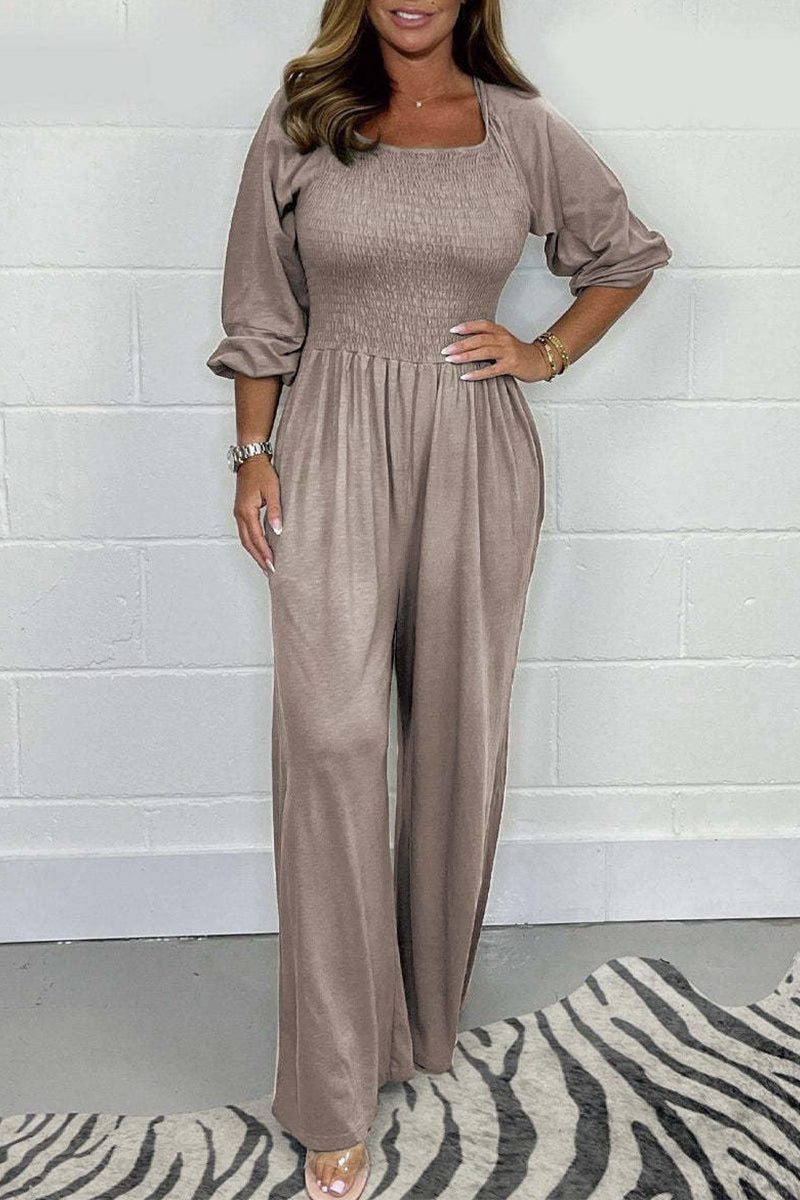 Casual Solid Fold Square Collar Loose Jumpsuits Grey