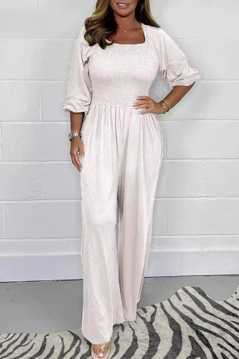 Casual Solid Fold Square Collar Loose Jumpsuits White