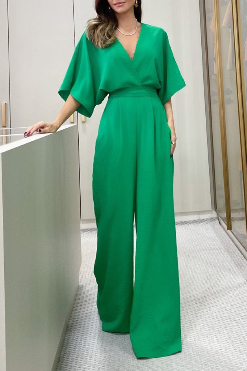 Elegant Solid Frenulum Backless V Neck Loose Jumpsuits Green