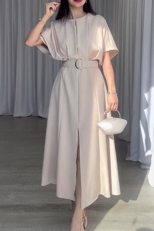 Elegant Solid Fold With Belt O Neck A Line Dresses Apricot