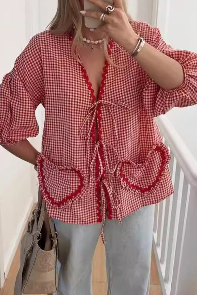 Sweet Plaid Heart Shaped Frenulum Contrast V Neck Tops Red