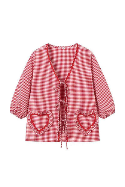 Sweet Plaid Heart Shaped Frenulum Contrast V Neck Tops