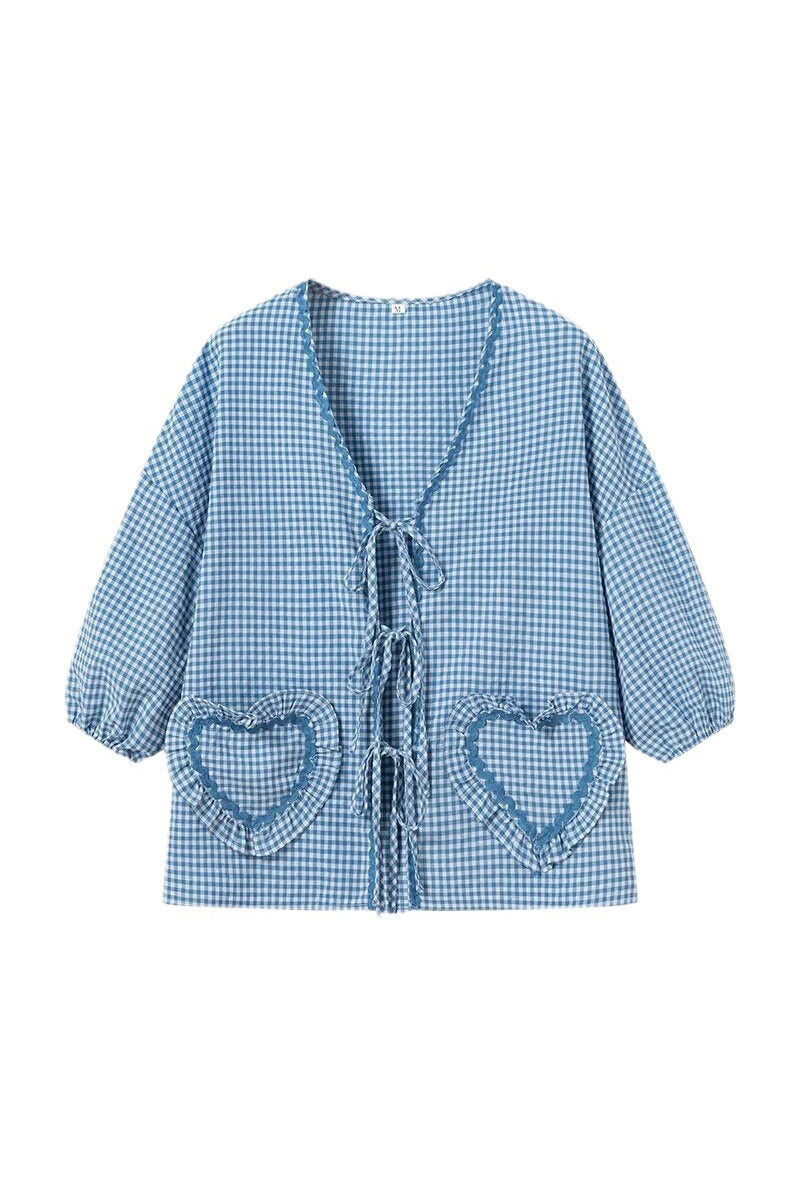 Sweet Plaid Heart Shaped Frenulum Contrast V Neck Tops