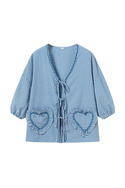 Sweet Plaid Heart Shaped Frenulum Contrast V Neck Tops