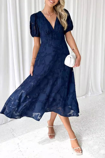 Elegant Solid Lace Pocket V Neck A Line Dresses Tibetan Blue