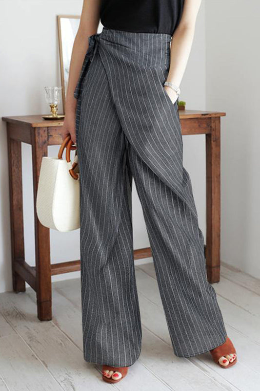 Casual British Style Striped Pocket Frenulum High Waist Wide Leg Full Print Bottoms Grey