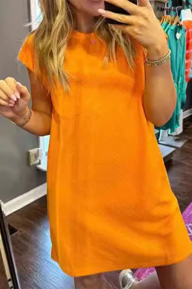 Casual Simplicity Solid Pocket Texture O Neck Short Sleeve Short Sleeve Dress Orange