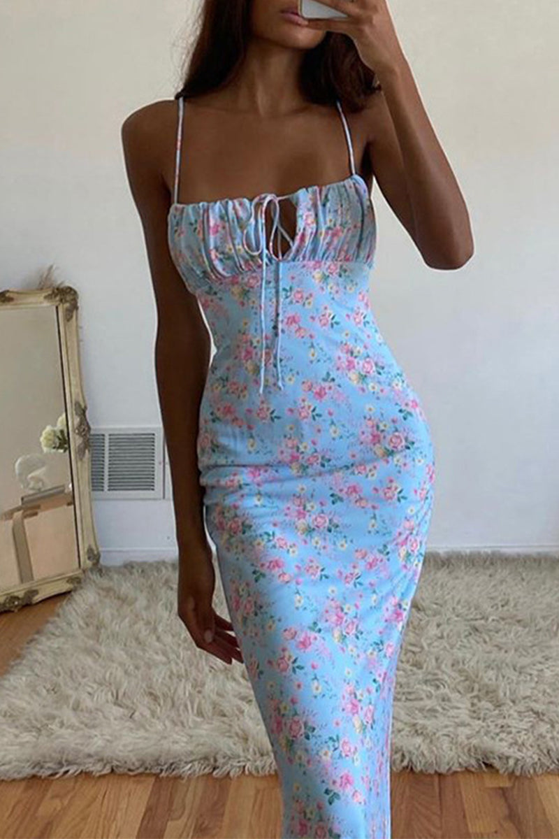 Sexy Vintage Print Flowers Frenulum Backless Square Collar One Step Skirt Dresses Blue