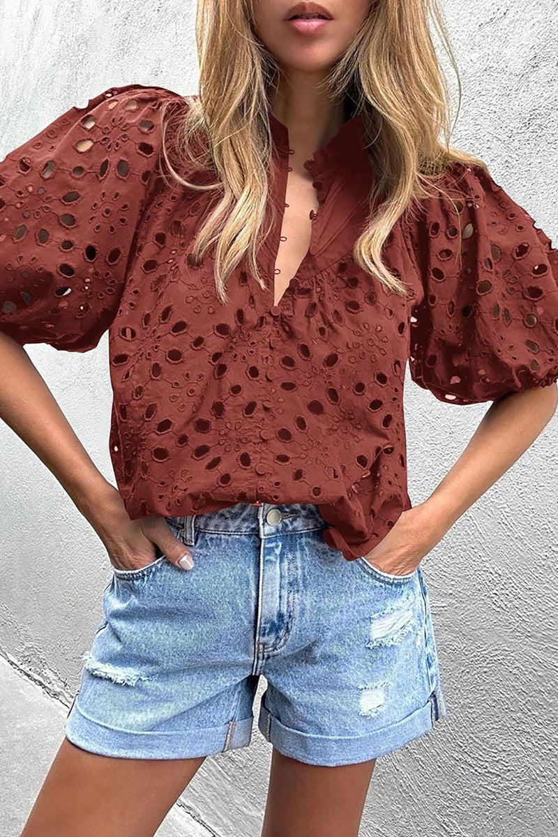 Casual Solid Hollowed Out Buckle Mandarin Collar Tops Deep Red