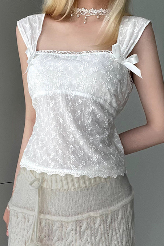 Sweet Solid Jacquard Bandage With Bow Square Collar Tops White