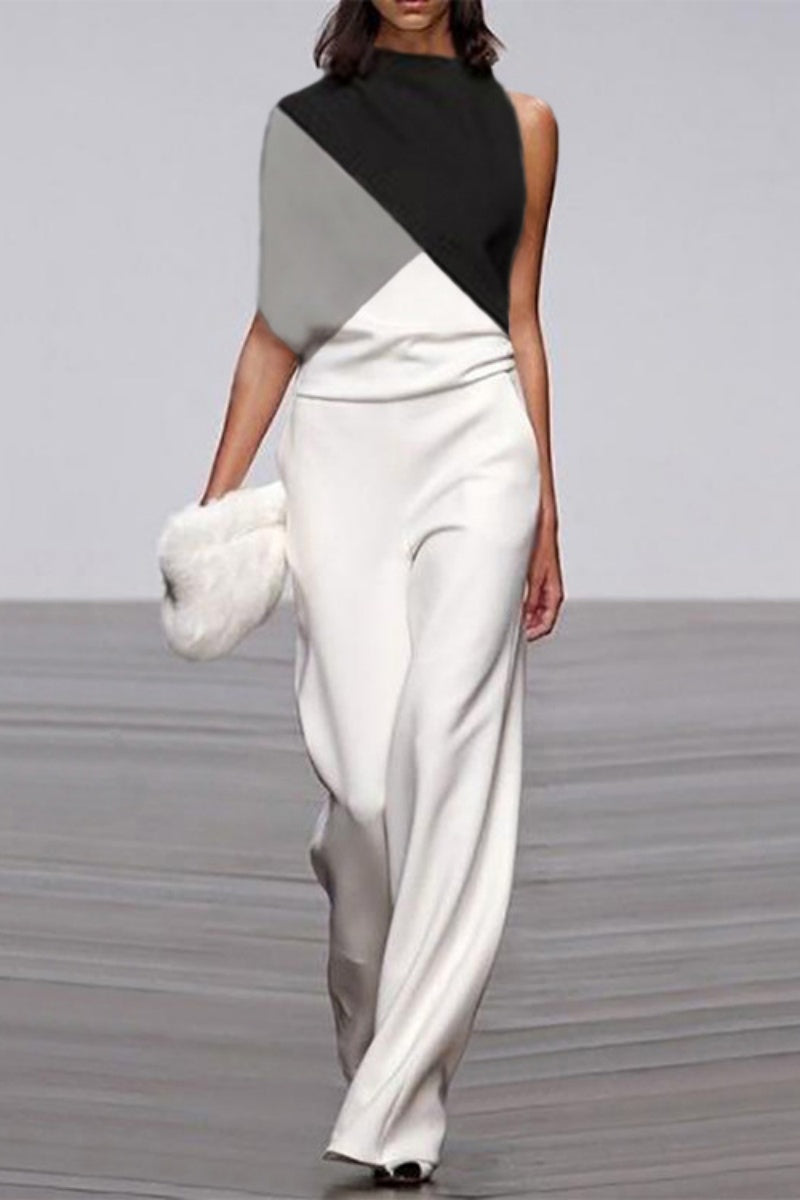 Casual Patchwork Contrast Half A Turtleneck Straight Jumpsuits White