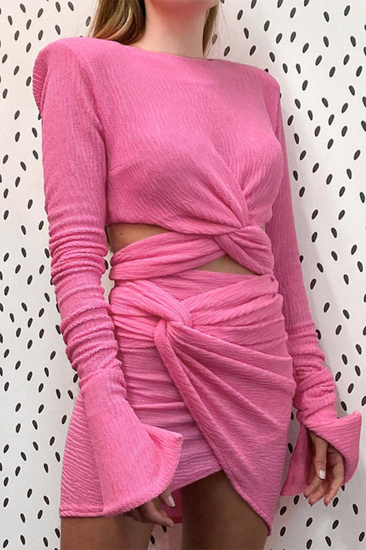 Sexy Solid Hollowed Out Fold O Neck Long Sleeve Two Pieces Pink