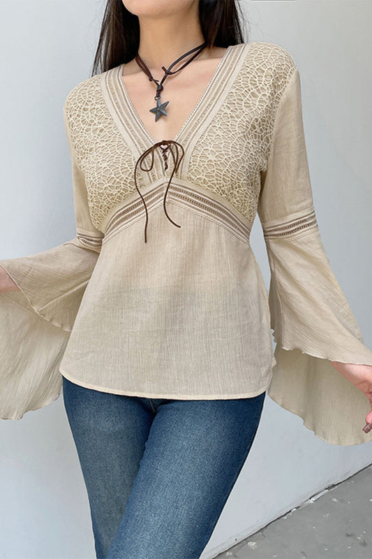 Elegant Solid Patchwork Frenulum V Neck Tops Skin Color