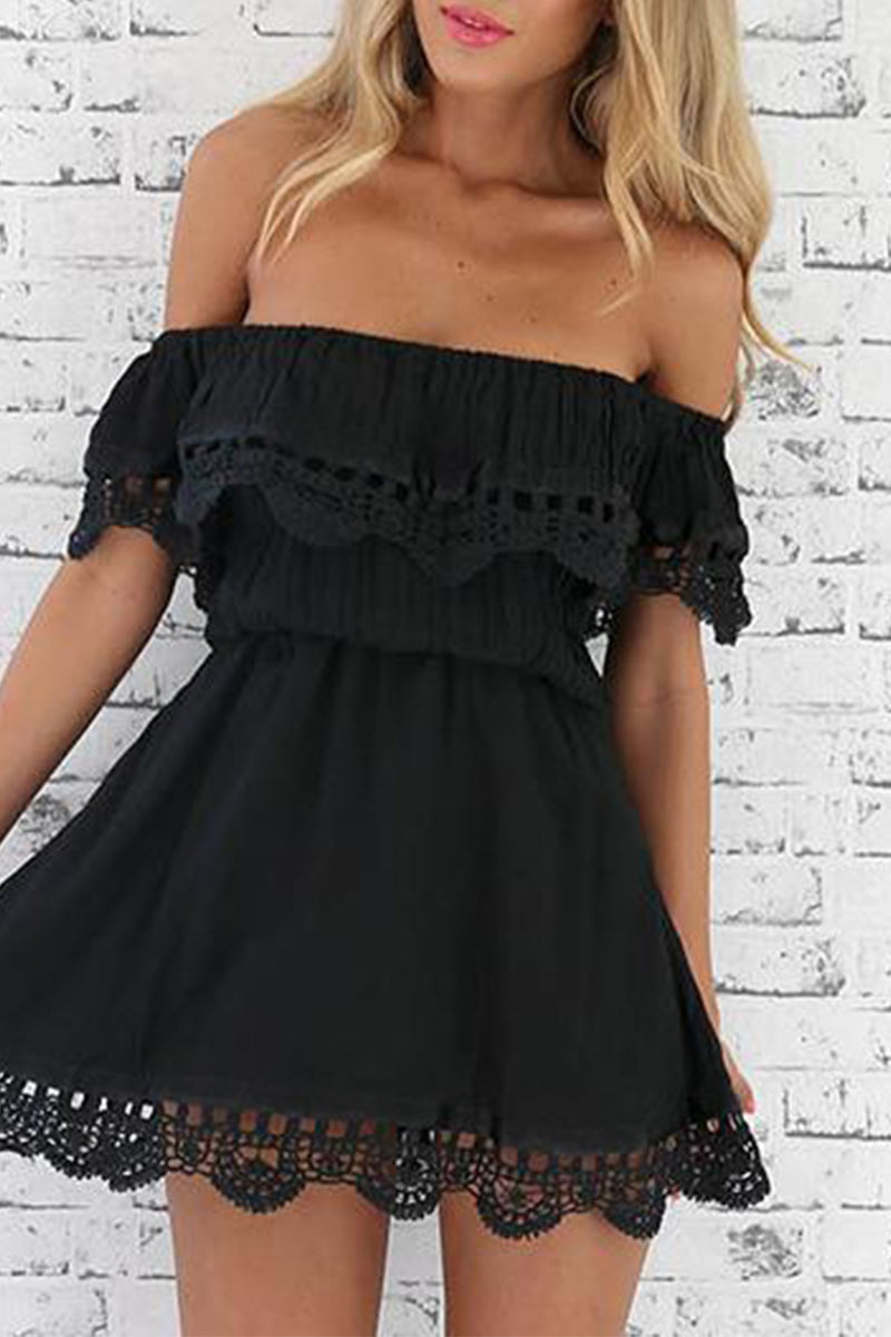 Casual Solid Lace Off the Shoulder A Line Dresses Black