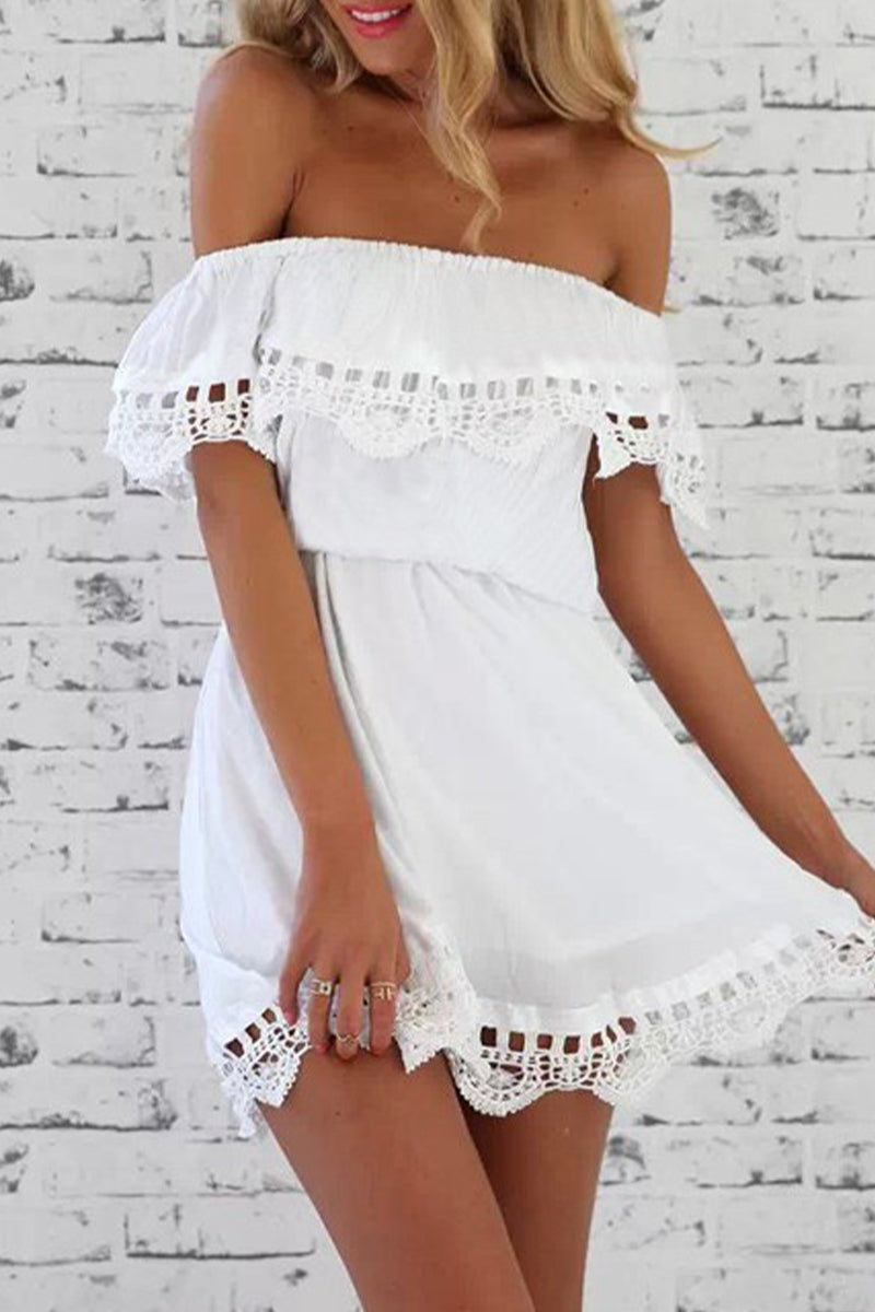 Casual Solid Lace Off the Shoulder A Line Dresses White