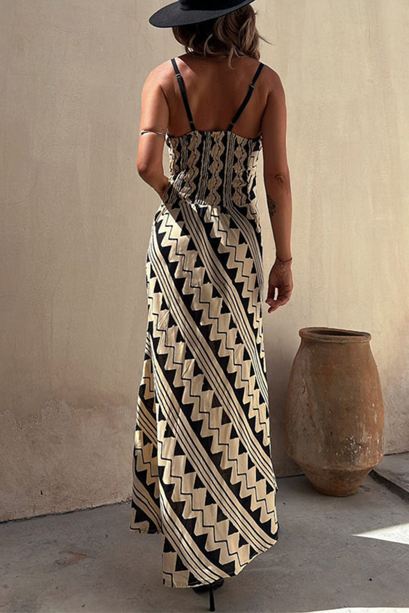 Bohemian Vacation Striped Print Patchwork V Neck Sling Dresses