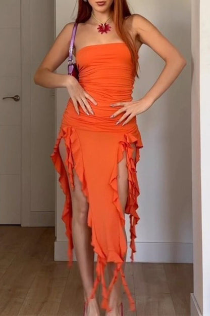 Sexy Solid Tassel Flounce Slit Strapless Irregular Dresses Orange