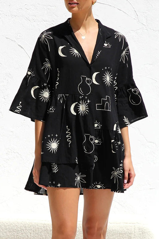 Casual Character Print Fold Turndown Collar Irregular Dresses Black