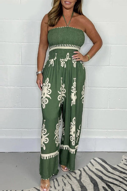 Sexy National Totem Print Patchwork Halter Loose Jumpsuits Green