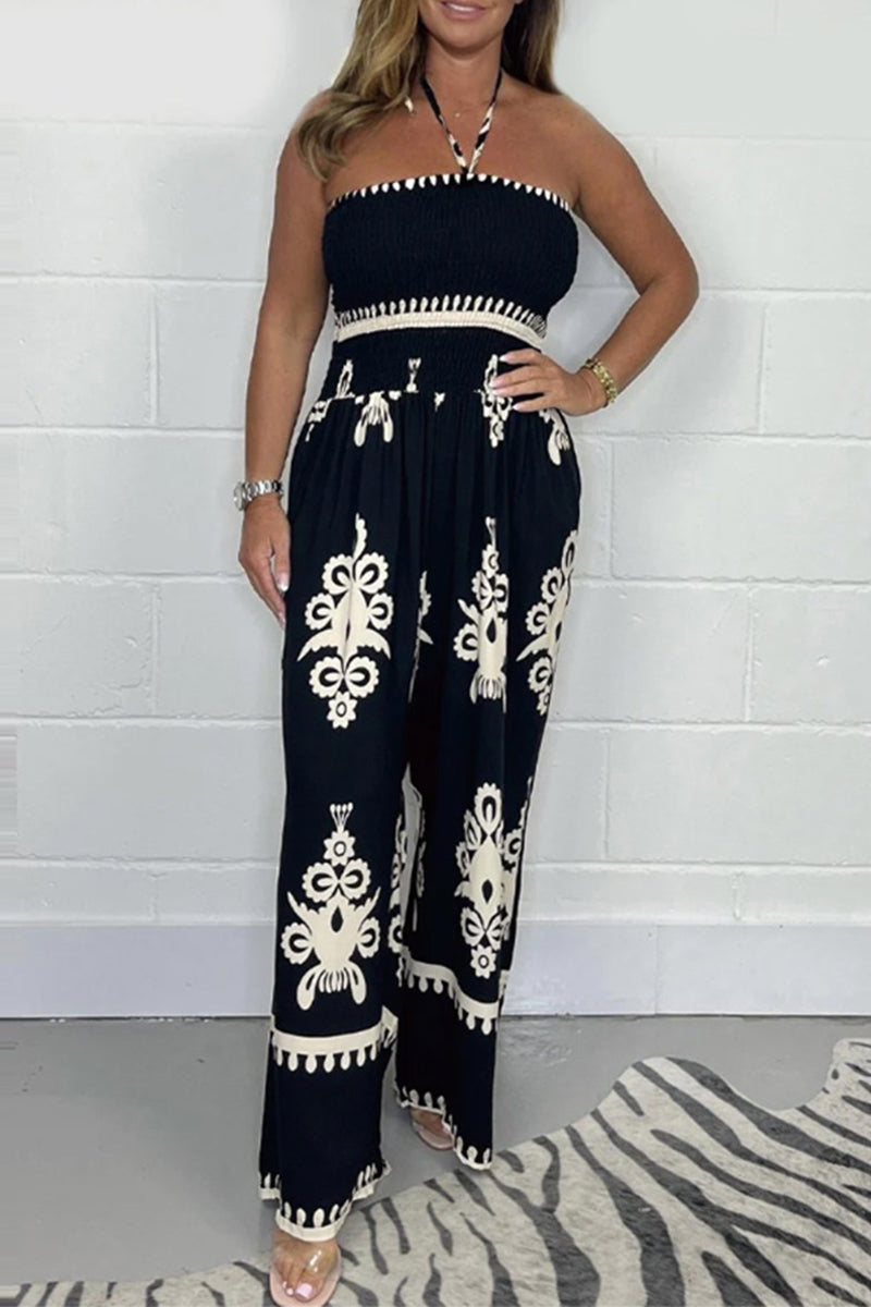 Sexy National Totem Print Patchwork Halter Loose Jumpsuits Black