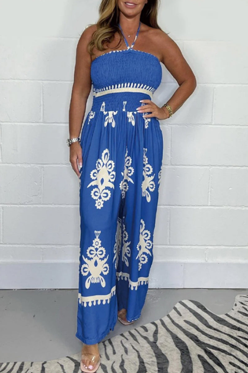 Sexy National Totem Print Patchwork Halter Loose Jumpsuits Blue