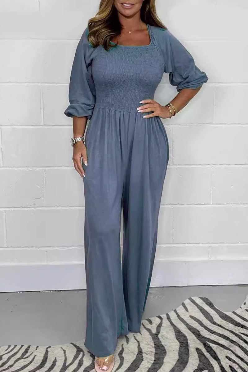 Casual Simplicity Solid Fold Square Collar Loose Jumpsuits Blue