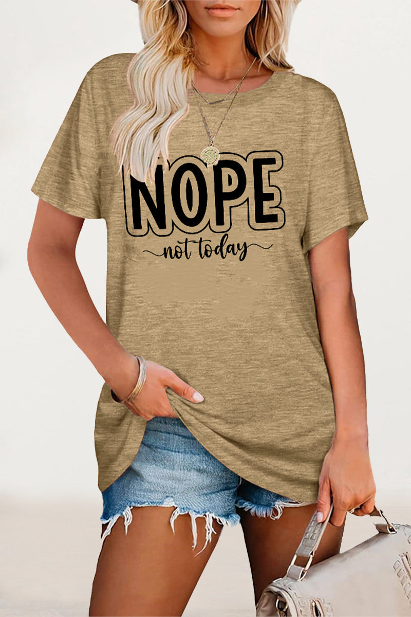 Casual Letter Print O Neck T-Shirts Khaki