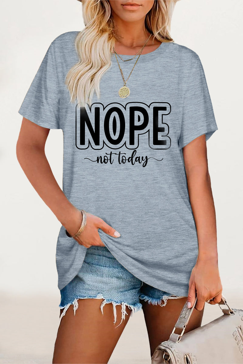 Casual Letter Print O Neck T-Shirts Gray Blue