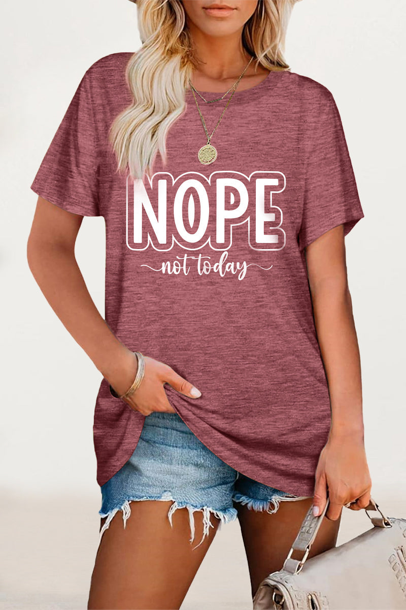 Casual Letter Print O Neck T-Shirts Purplish Red