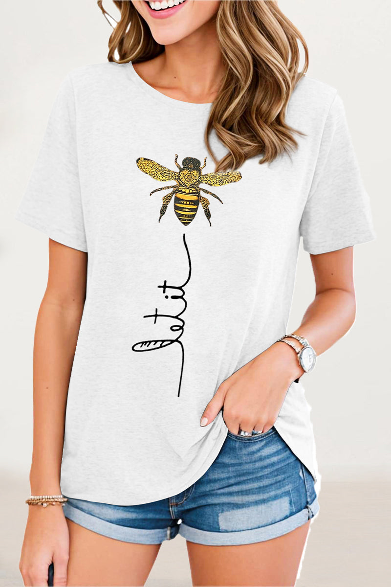 Casual Animal Letter Print Patchwork O Neck T-Shirts White